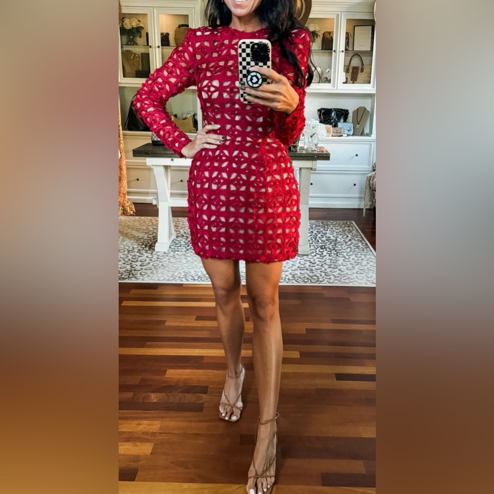 Bronx and Banco Red Crochet Long-Sleeve Mini Dress